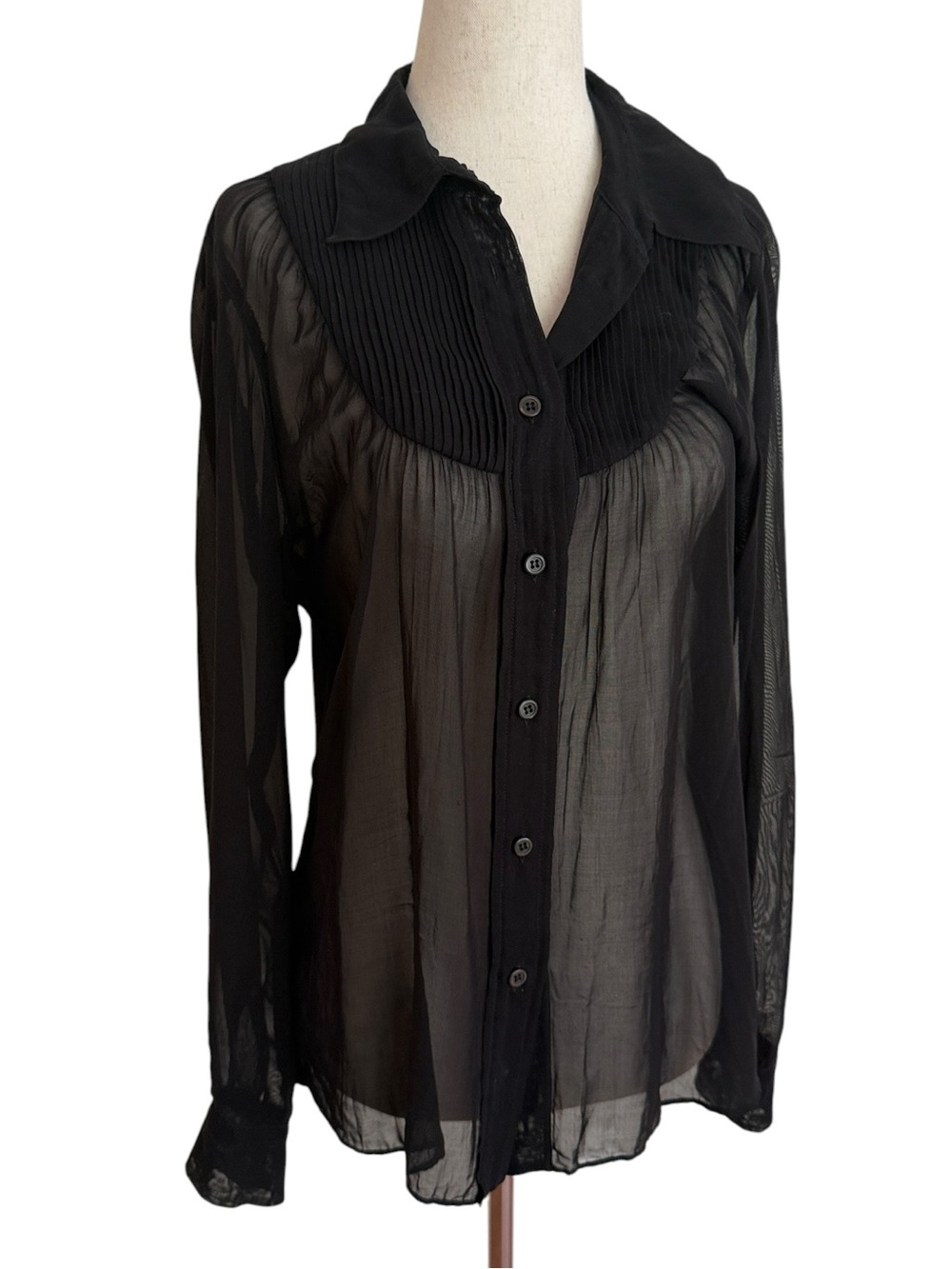 Vintage Prada Sheer Black Pintuck Yoke Button-Down Blouse IT 40